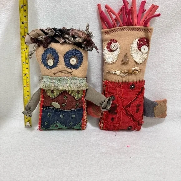 Scrappy Sidekicks Handcrafted Eco-Chic Doll Duo Kantha Embroidery Vintage Fabric - Picture 5 of 8